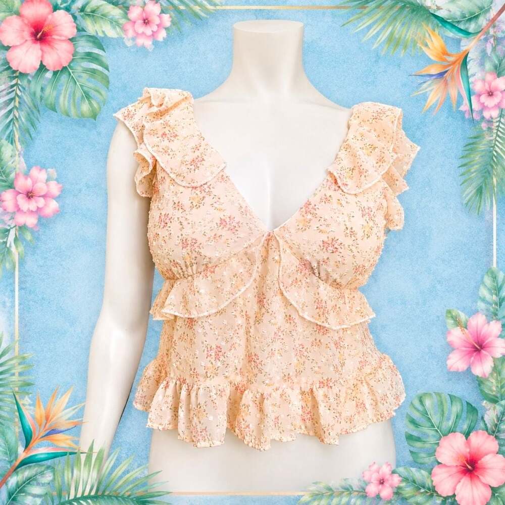 Trixxi Floral Print Ruffle Flutter Sleeve Open Back Tie Crop Top XL